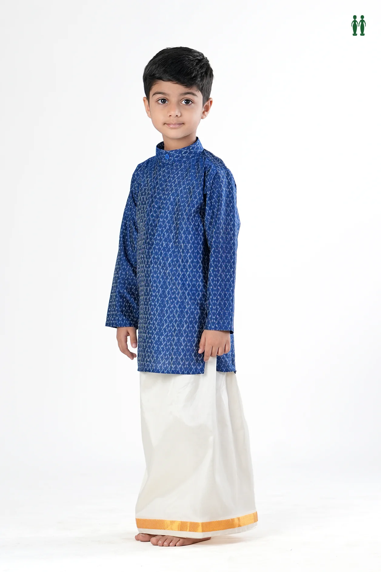 Chinese Collar Printed Design Blue Silk Long Kurta - Image 3