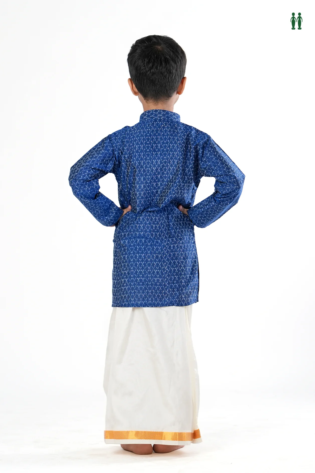 Chinese Collar Printed Design Blue Silk Long Kurta - Image 4