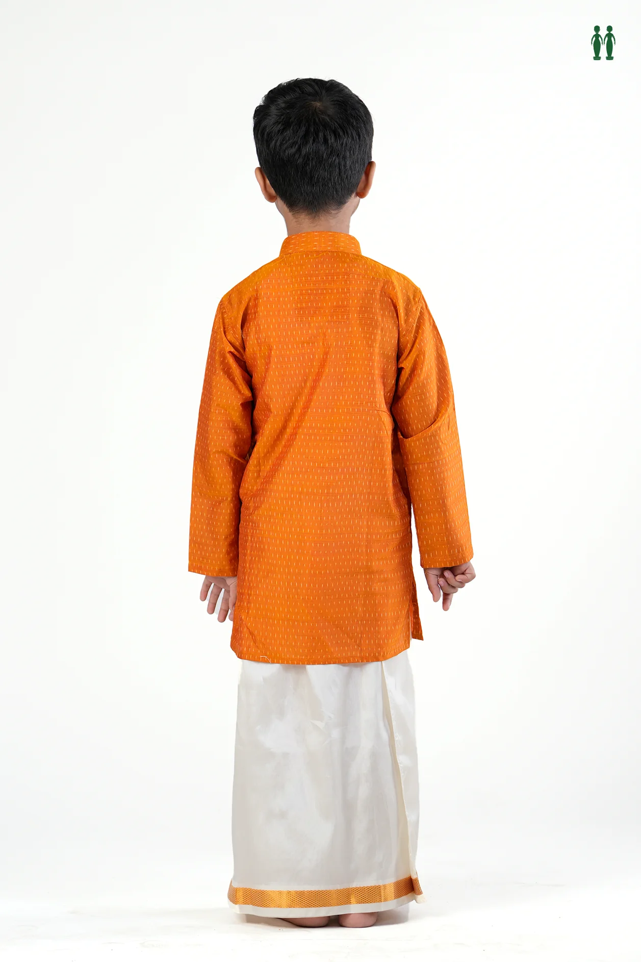 Chinese Collar Printed Design Orange Silk Long Kurta - Image 3