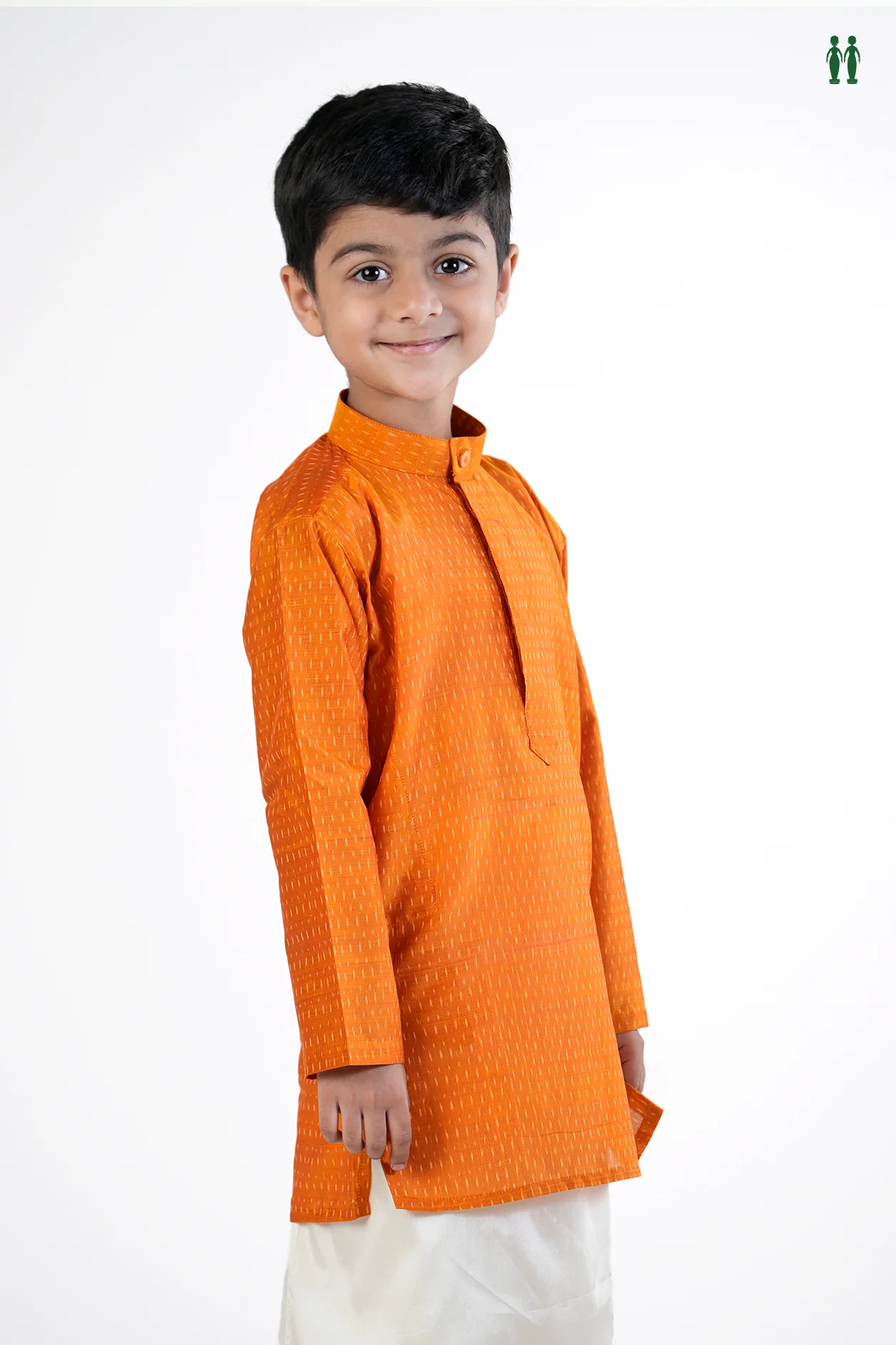 Chinese Collar Printed Design Orange Silk Long Kurta - Image 4