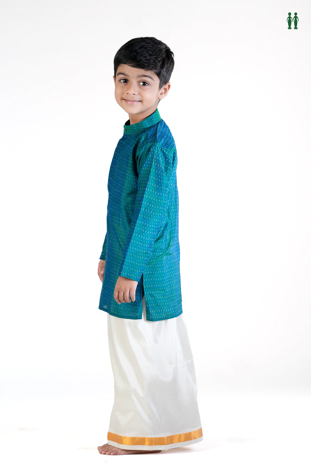 Chinese Collar Printed Design Teal Blue Silk Long Kurta - Image 3