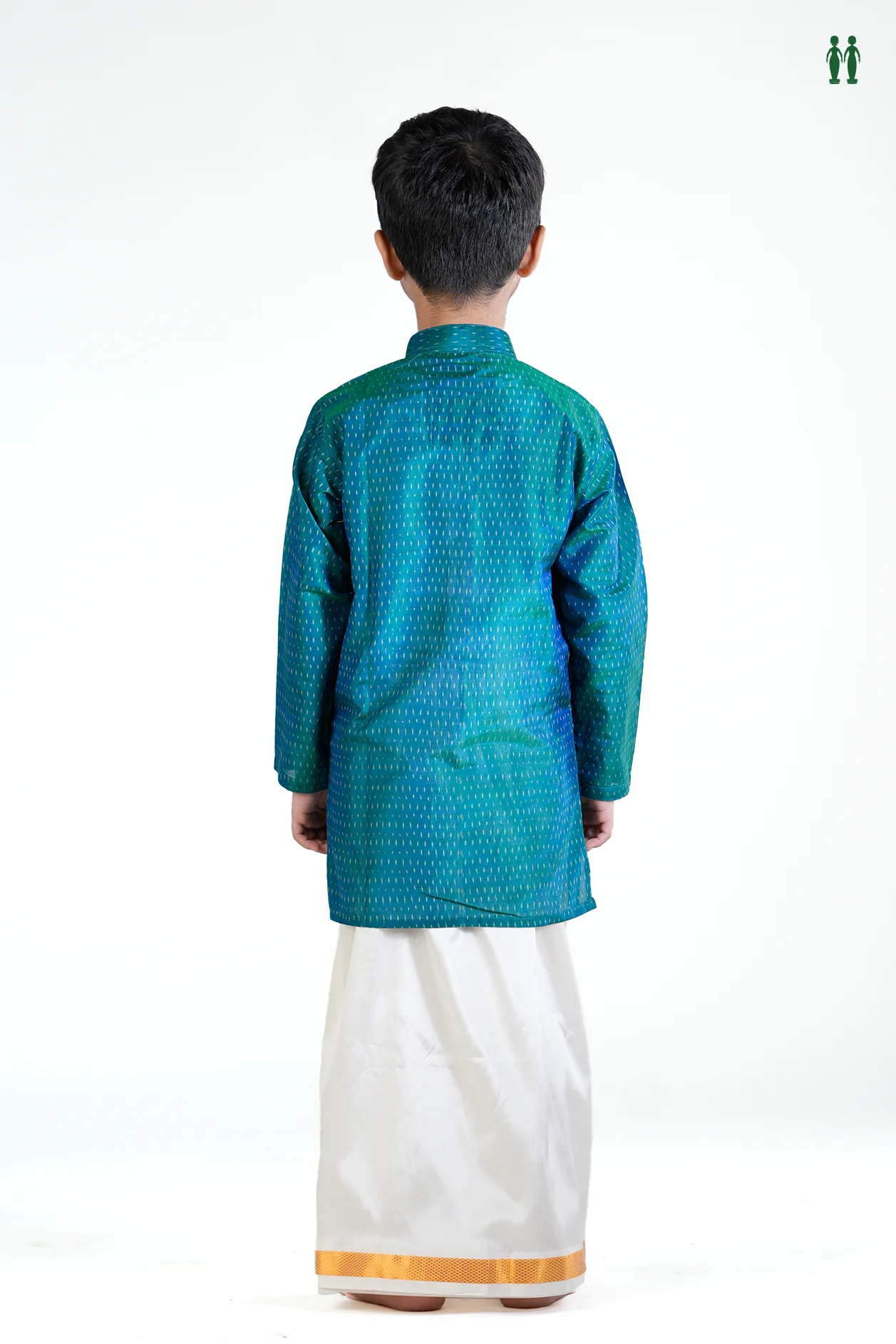 Chinese Collar Printed Design Teal Blue Silk Long Kurta - Image 4
