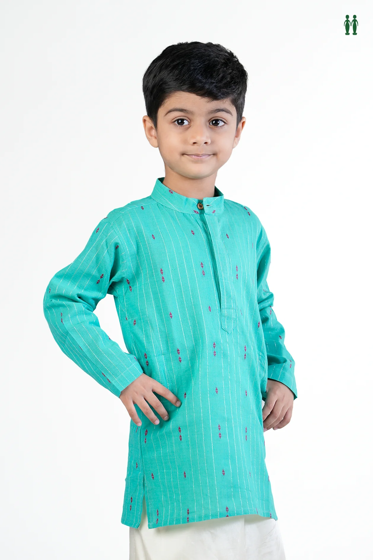 Chinese Collar Threadwork Buttas Aqua Green Cotton Long Kurta - Image 3