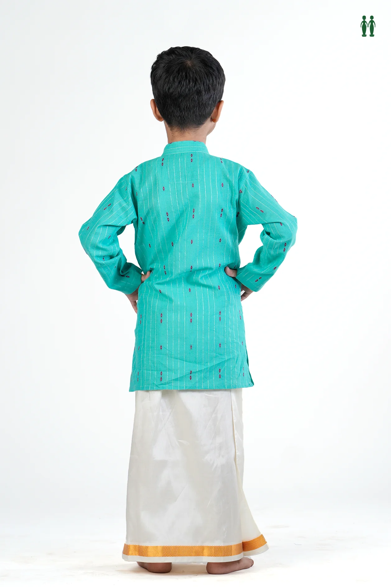 Chinese Collar Threadwork Buttas Aqua Green Cotton Long Kurta - Image 4