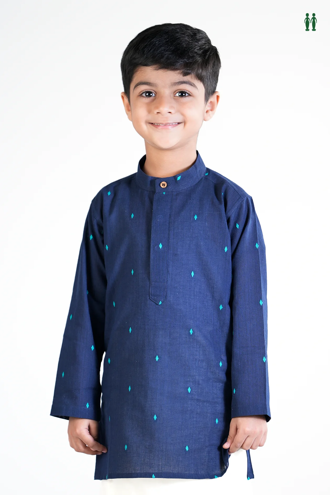 Chinese Collar Threadwork Buttas Navy Blue Cotton Long Kurta - Image 3