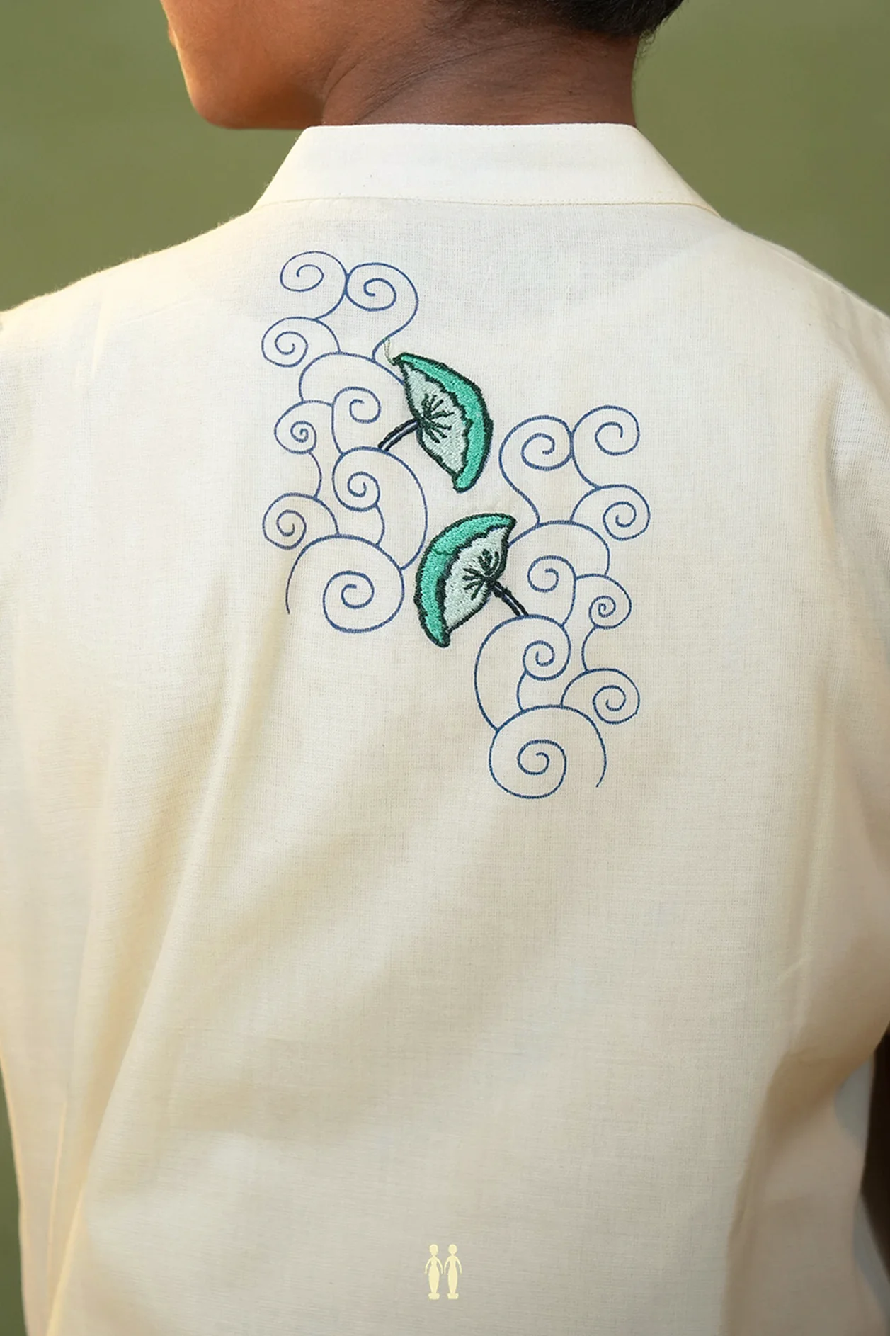 Chinese Collar Printed Design White Kasavu Shirt - Image 3