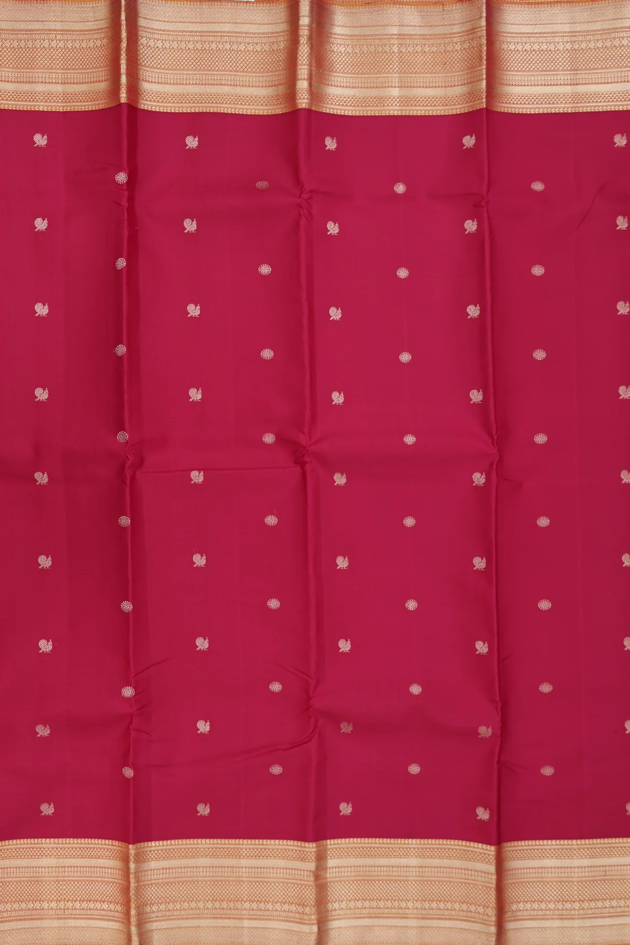 Kanchipuram Silk Saree In Crimson Red With Peacock Buttas - Image 3