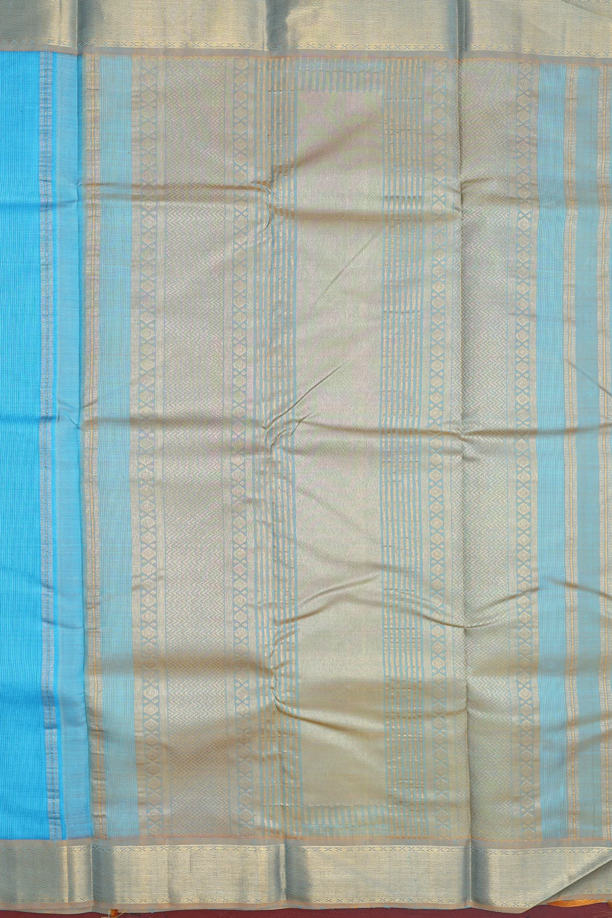 Kanchipuram Silk Saree In Deep Sky Blue With Stripes Design - Image 4
