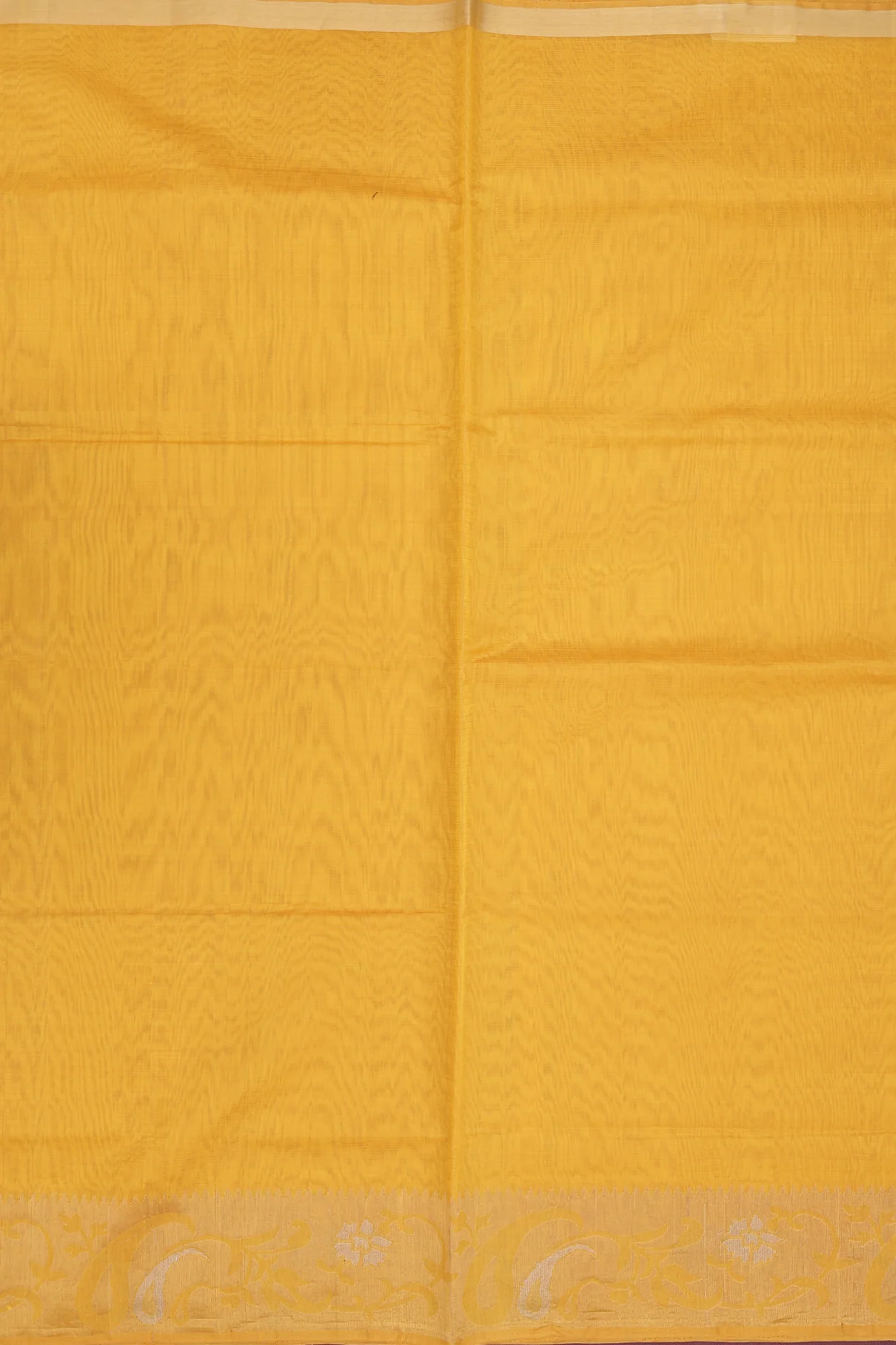 Kora Silk Cotton Saree In Saffron Yellow With Paisley Border - Image 3