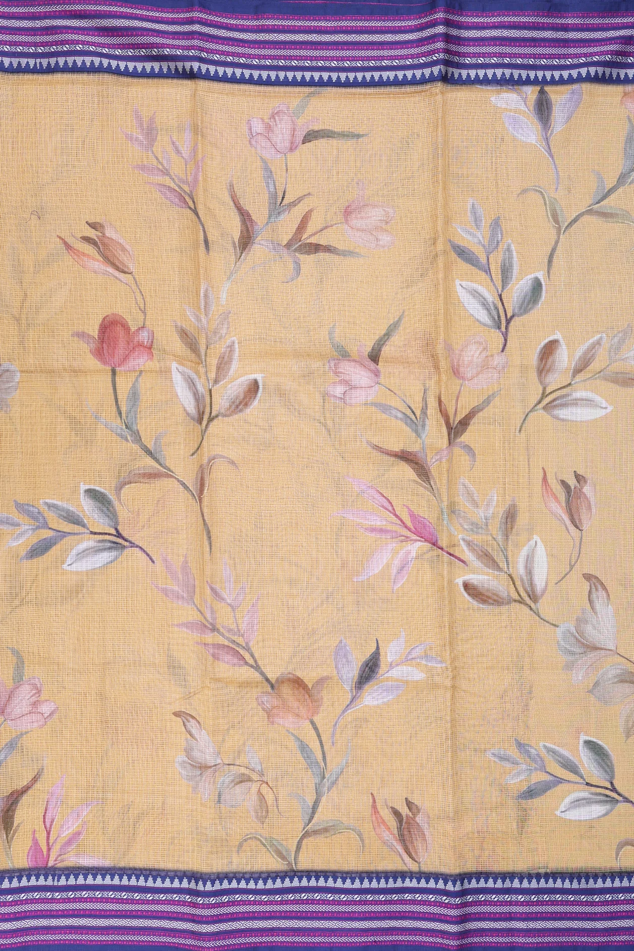 Kota Silk Saree In Yellow With Floral Design - Image 3