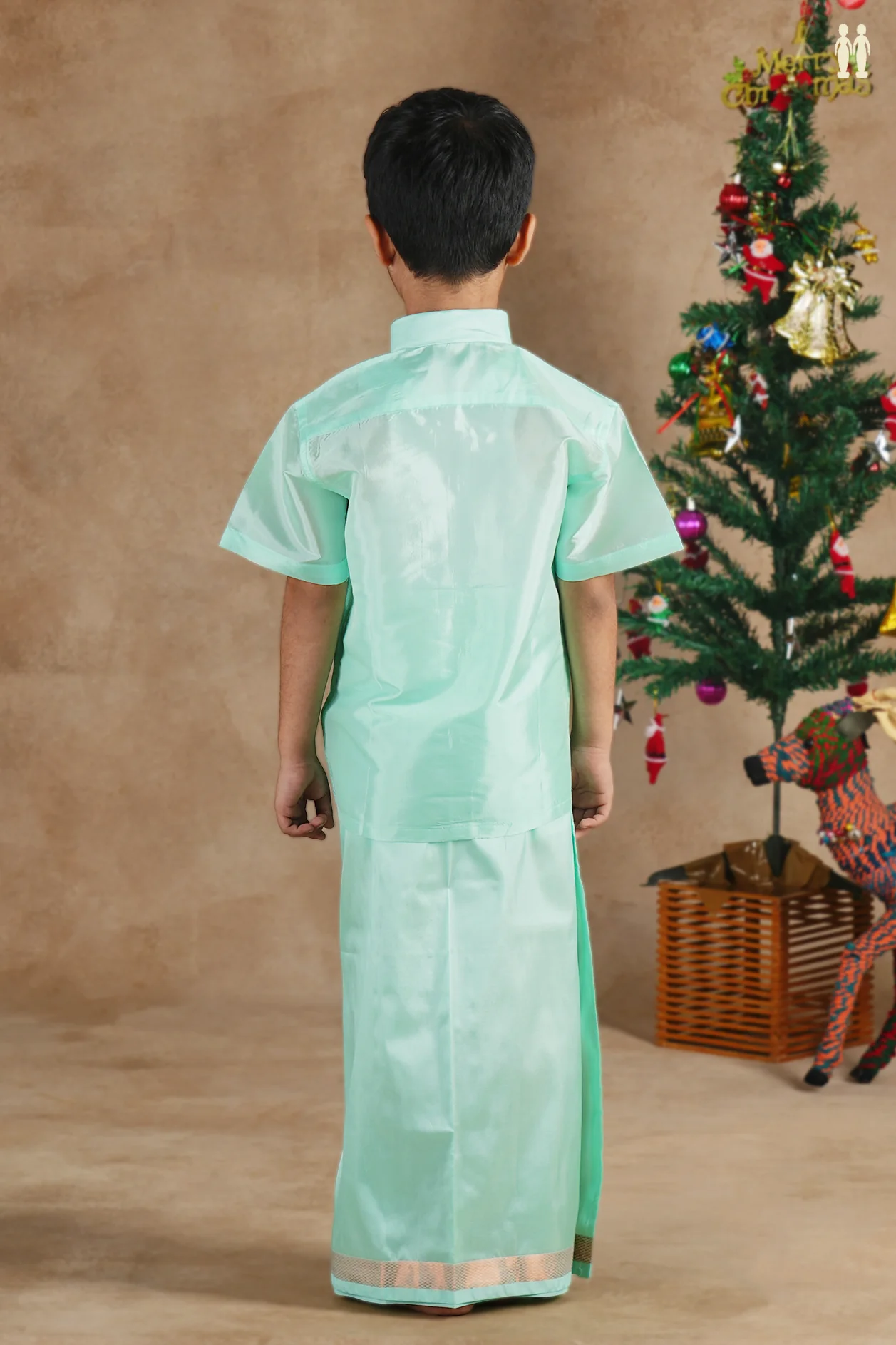 Regular Collar Green Silk Shirt With Velcro Dhoti Set - Image 3