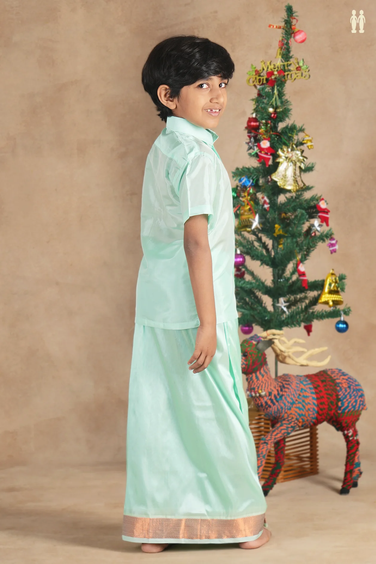 Regular Collar Green Silk Shirt With Velcro Dhoti Set - Image 3