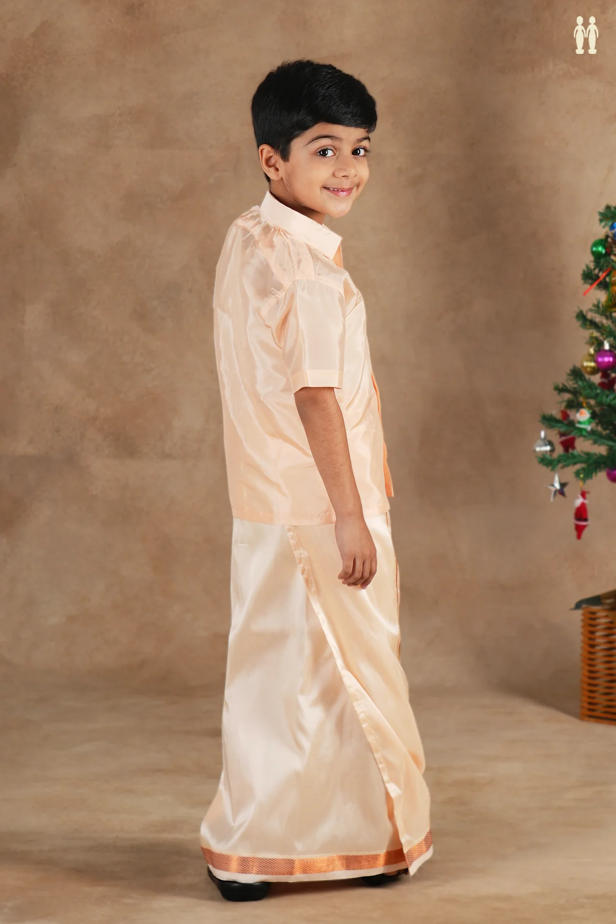 Regular Collar Orange Silk Shirt With Velcro Dhoti Set - Image 3