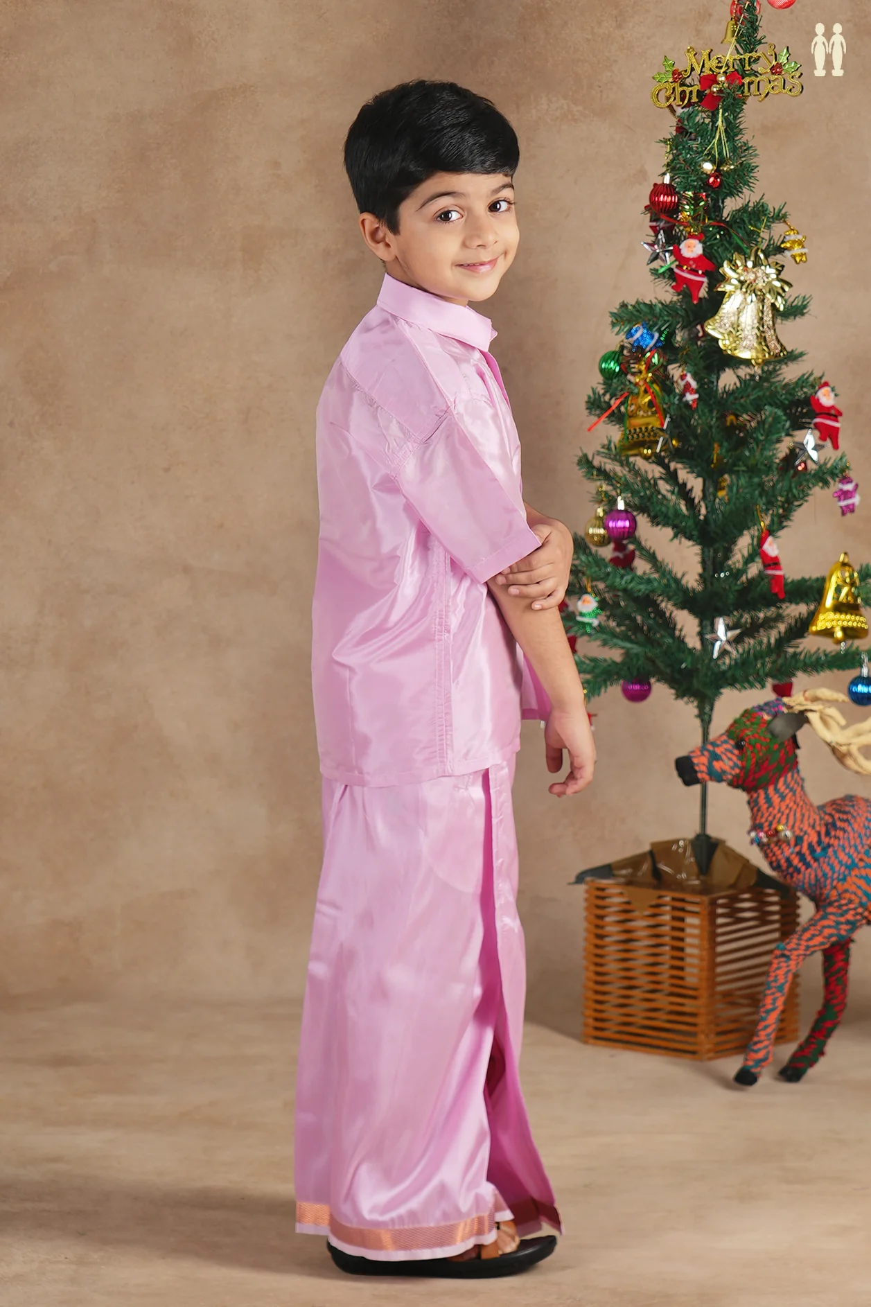 Regular Collar Lotus Pink Silk Shirt With Velcro Dhoti Set - Image 3
