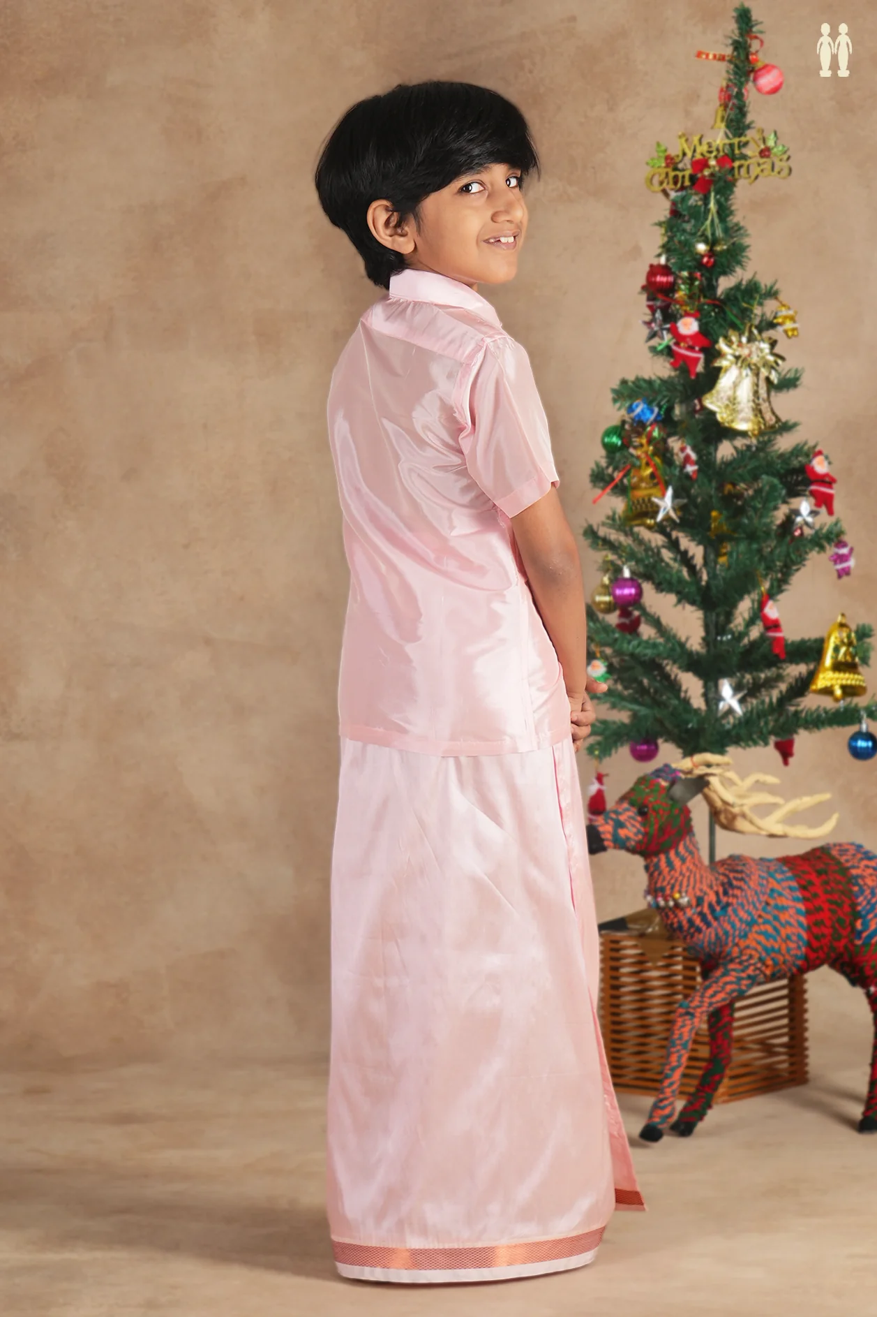 Regular Collar Pink Silk Shirt With Velcro Dhoti Set - Image 3