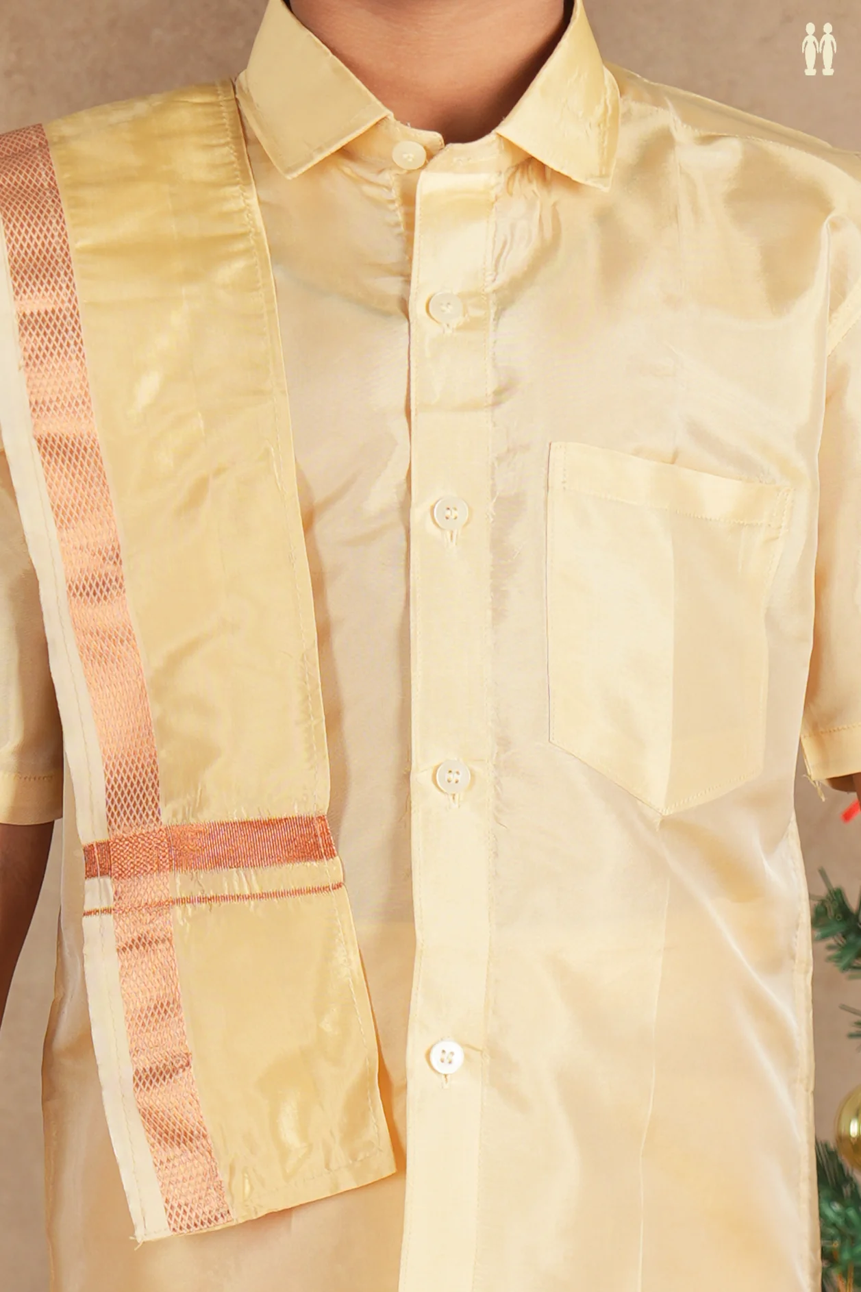 Regular Collar Tan Brown Silk Shirt With Velcro Dhoti Set - Image 4