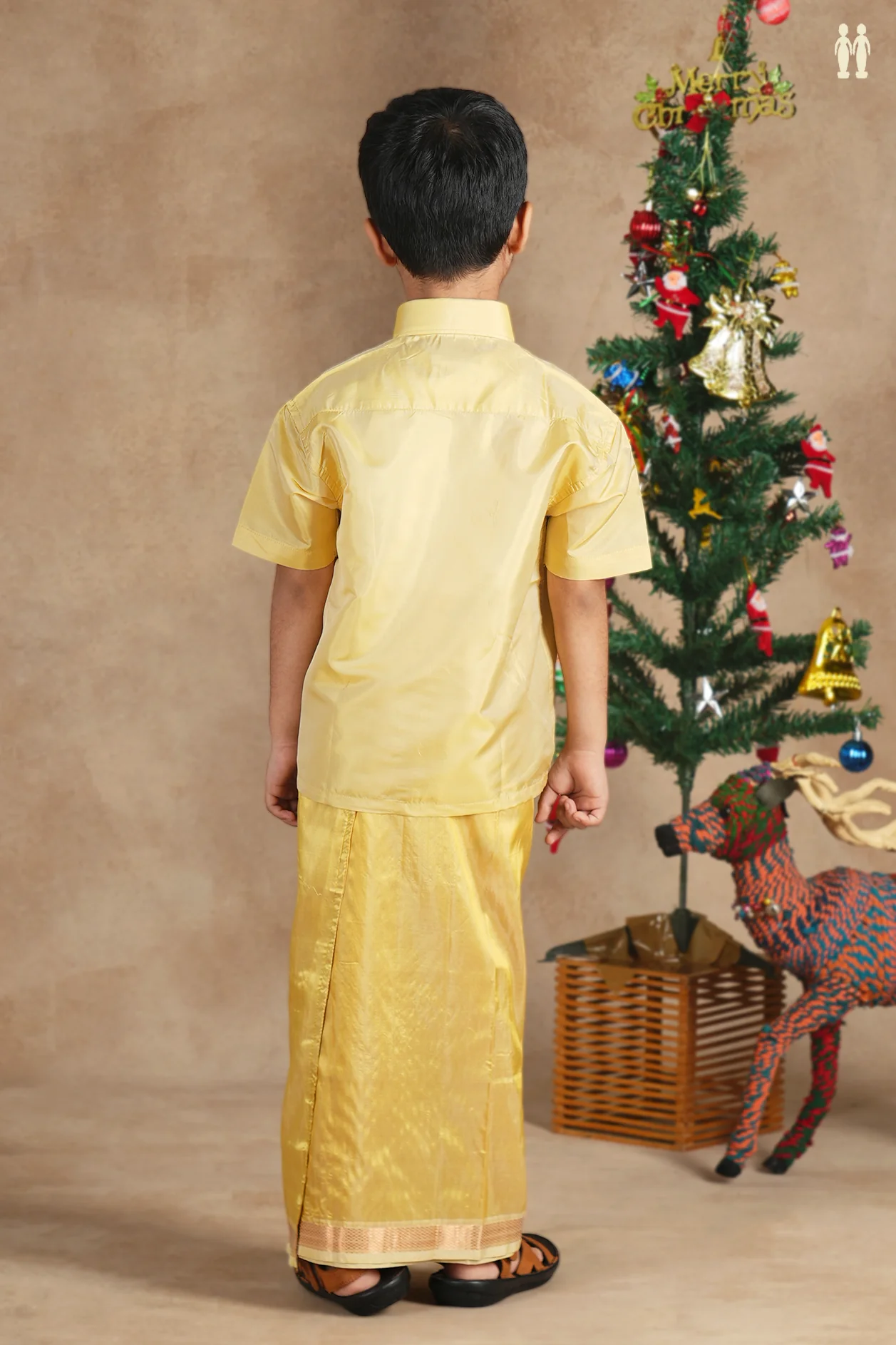 Regular Collar Yellow Silk Shirt With Velcro Dhoti Set - Image 3