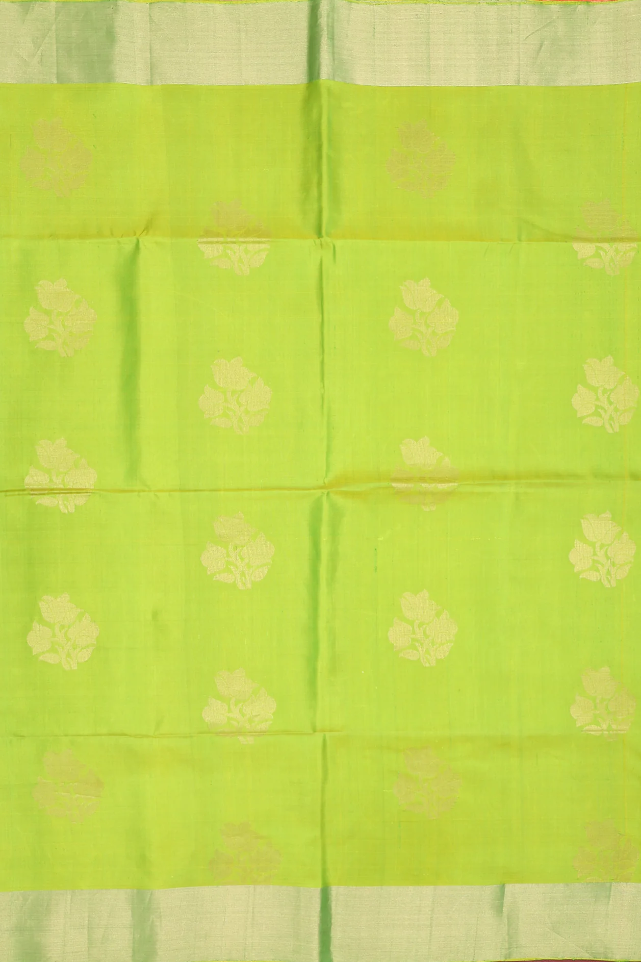 Soft Silk Saree In Lime Green With Floral Buttas - Image 3