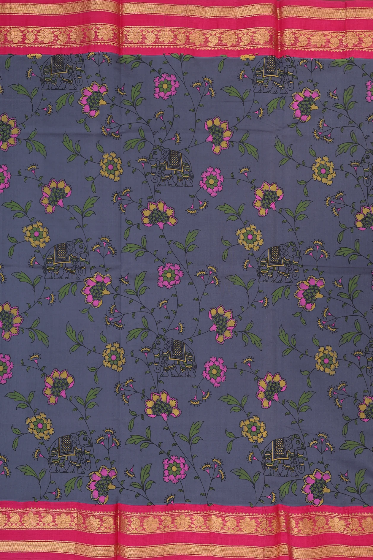 Traditional Silk Cotton Saree Pigeon Blue With Floral Design - Image 3