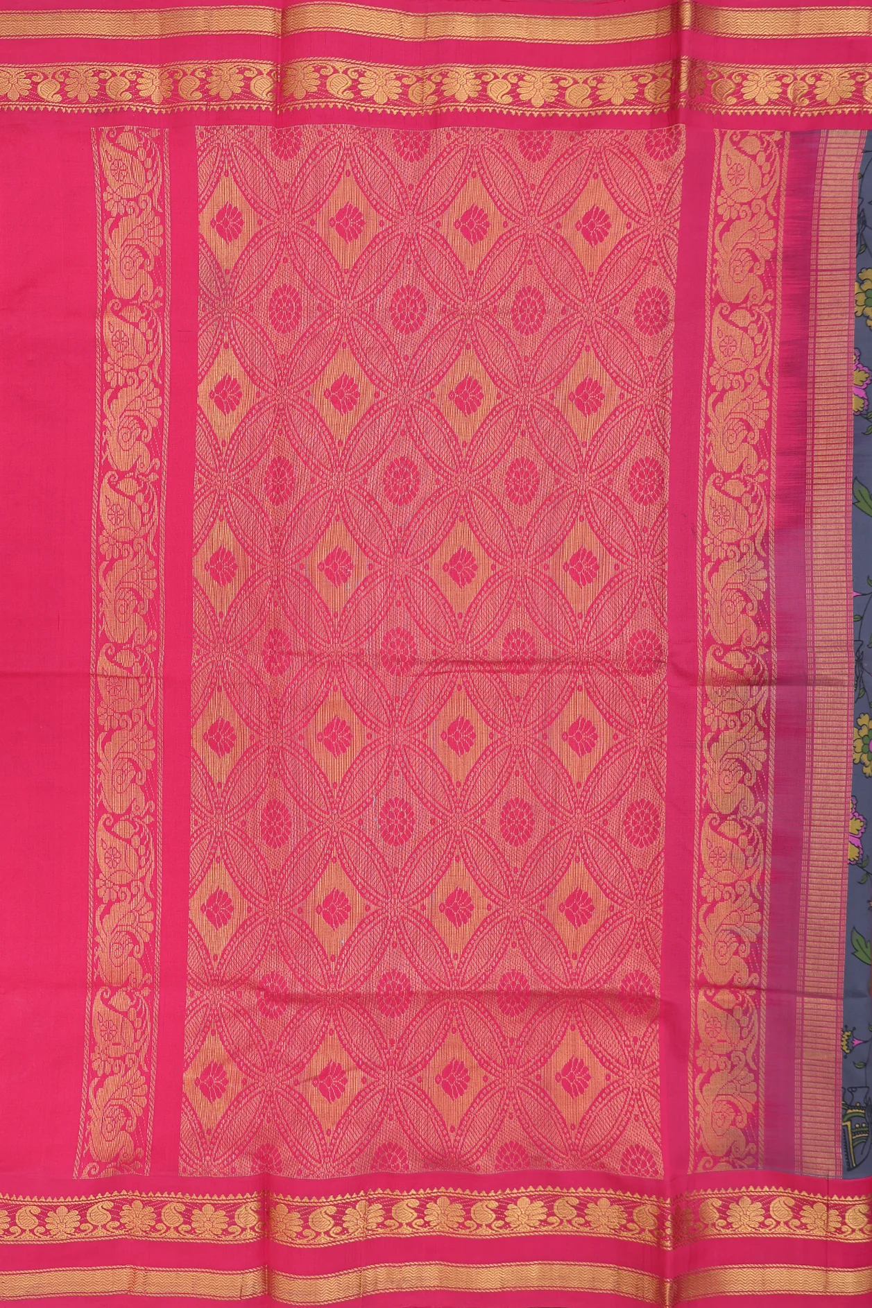 Traditional Silk Cotton Saree Pigeon Blue With Floral Design - Image 4