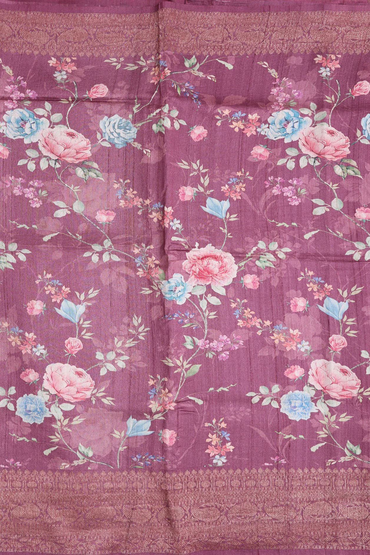 Tussar Silk Saree In Plum Brown With Floral Design - Image 3
